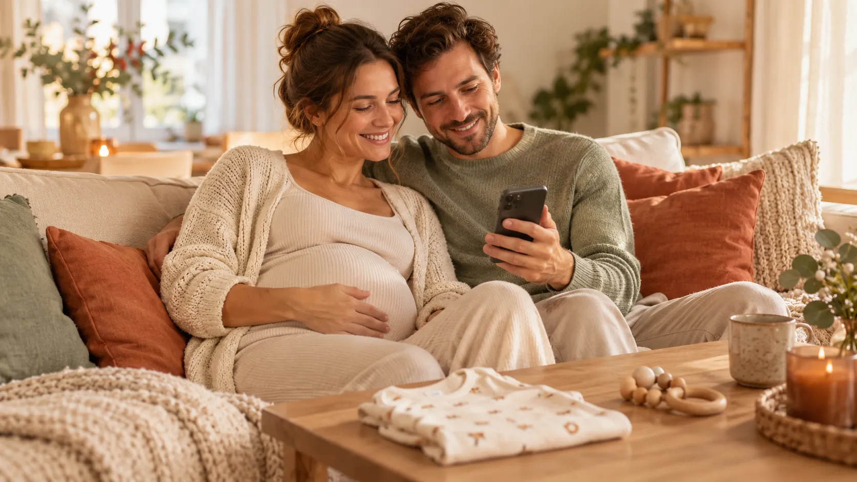 Schwangere Frau und Partner sitzen auf dem Sofa und schauen gemeinsam aufs Smartphone, auf dem Tisch liegen ein Babybody und ein Holzgreifling