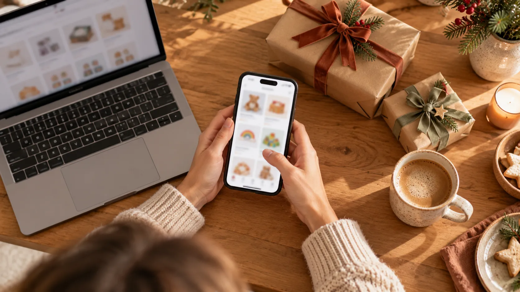 Hände halten ein Smartphone mit einer Wunschliste aus Spielzeugbildern, daneben ein Laptop, eingepackte Geschenke und eine Tasse Kaffee