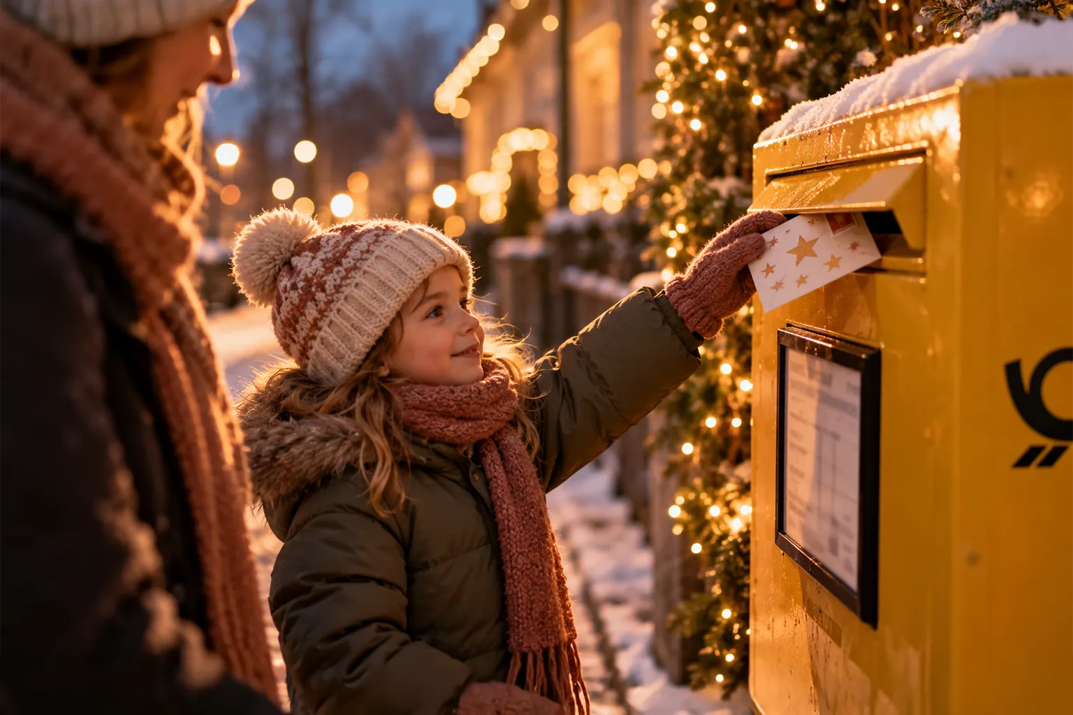 Mädchen mit Bommelmütze wirft am Abend einen mit Sternen bemalten Brief in einen verschneiten gelben Briefkasten, die Mutter schaut zu