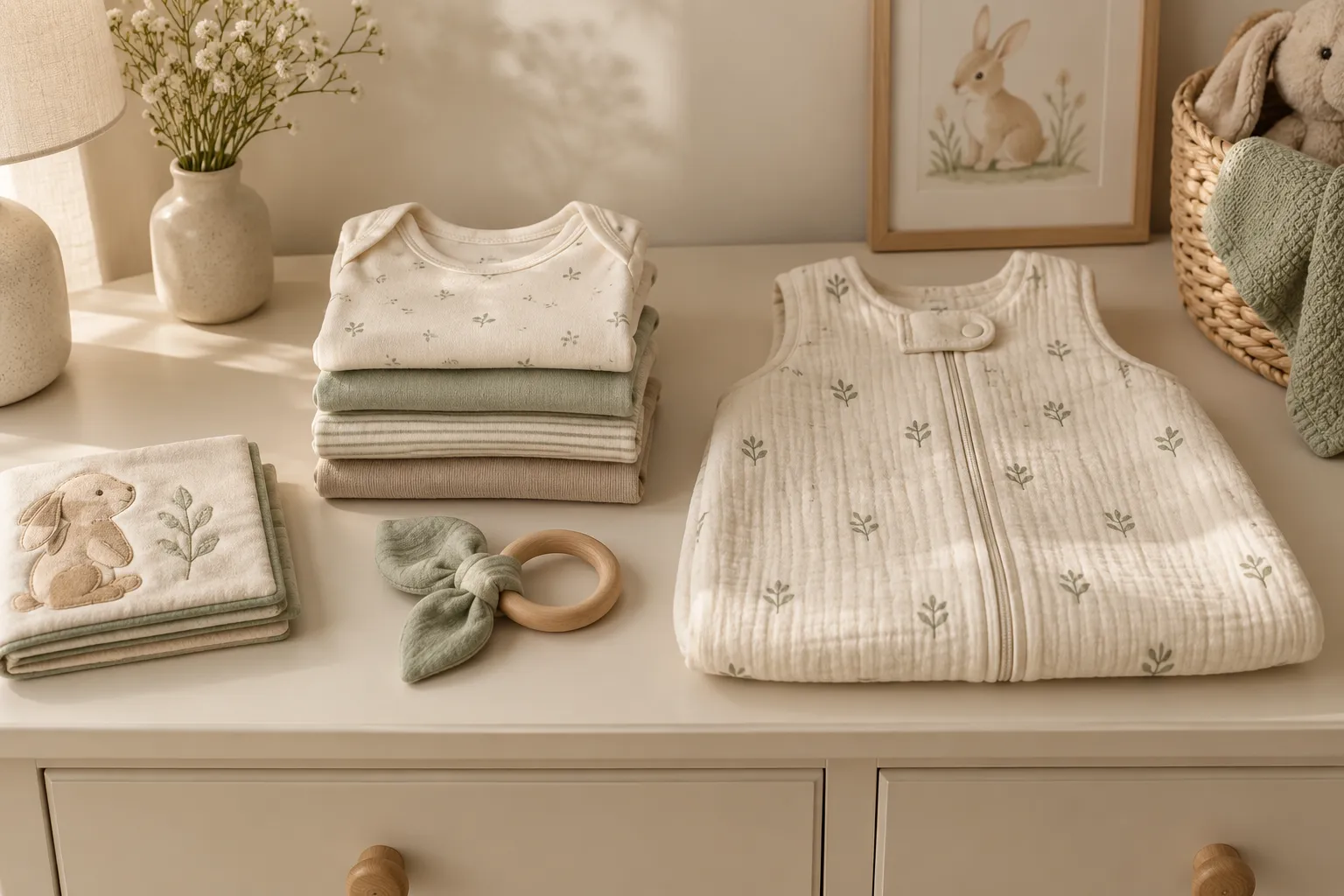Gefaltete Babybodys, ein Schlafsack, ein Stoffbuch mit Hase und ein Holzgreifling liegen auf einer hellen Kommode