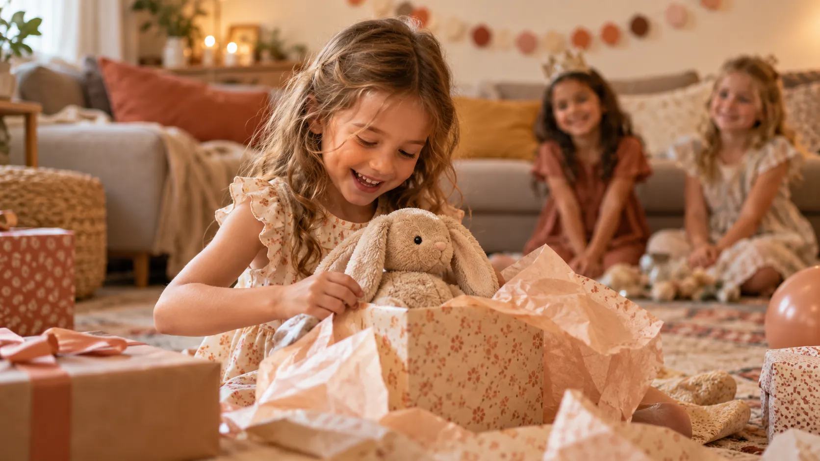 Mädchen packt beim Kindergeburtstag einen Kuschelhasen aus, zwei Freundinnen schauen vom Sofa aus zu
