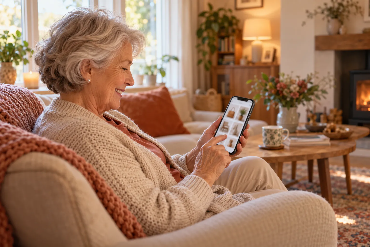 Großmutter sitzt lächelnd im Sessel und schaut auf dem Smartphone eine geteilte Wunschliste an