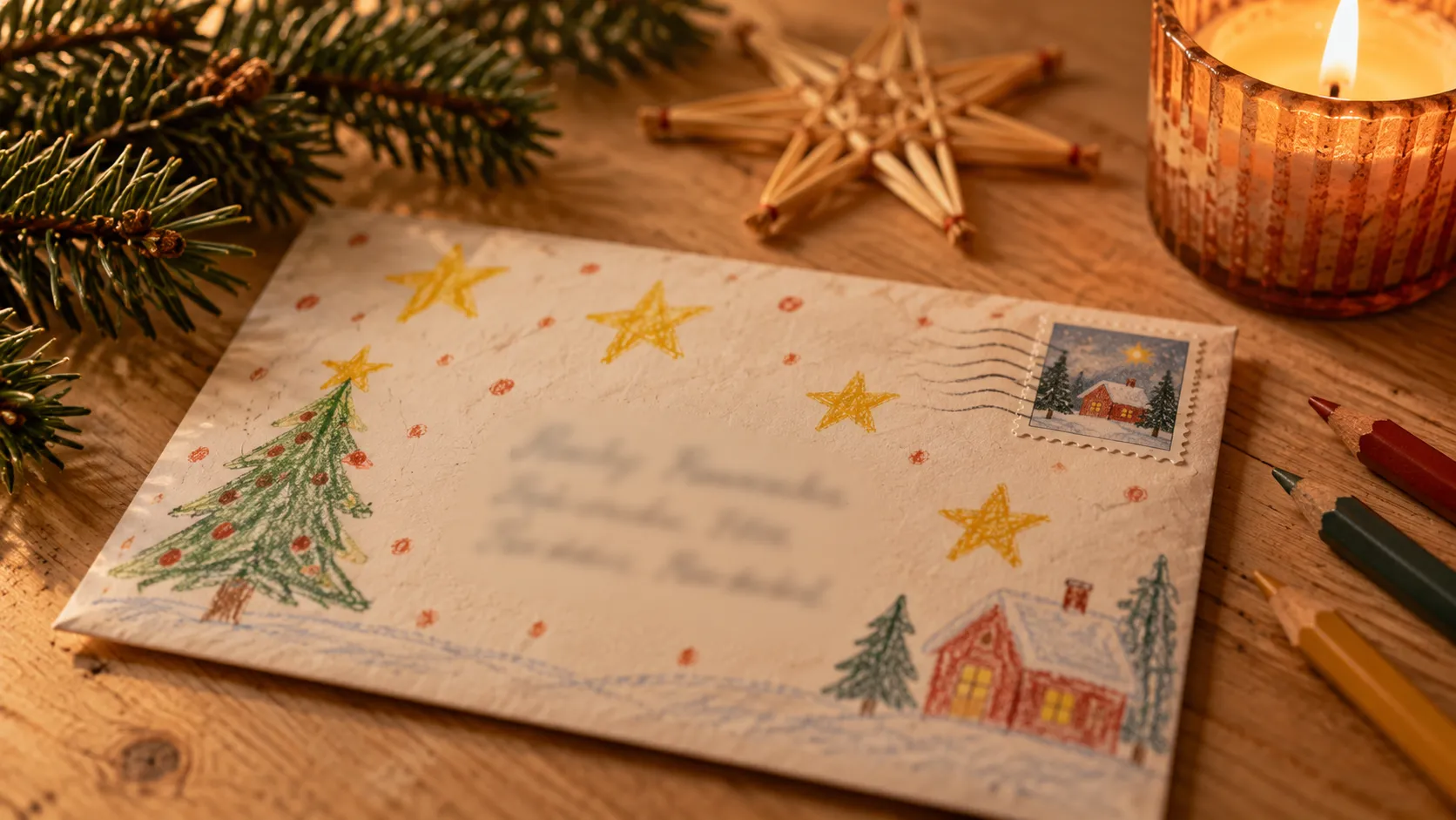 Von Kinderhand bemalter Briefumschlag mit Sternen, Tannenbaum und Briefmarke liegt neben Tannenzweig, Strohstern und Kerze