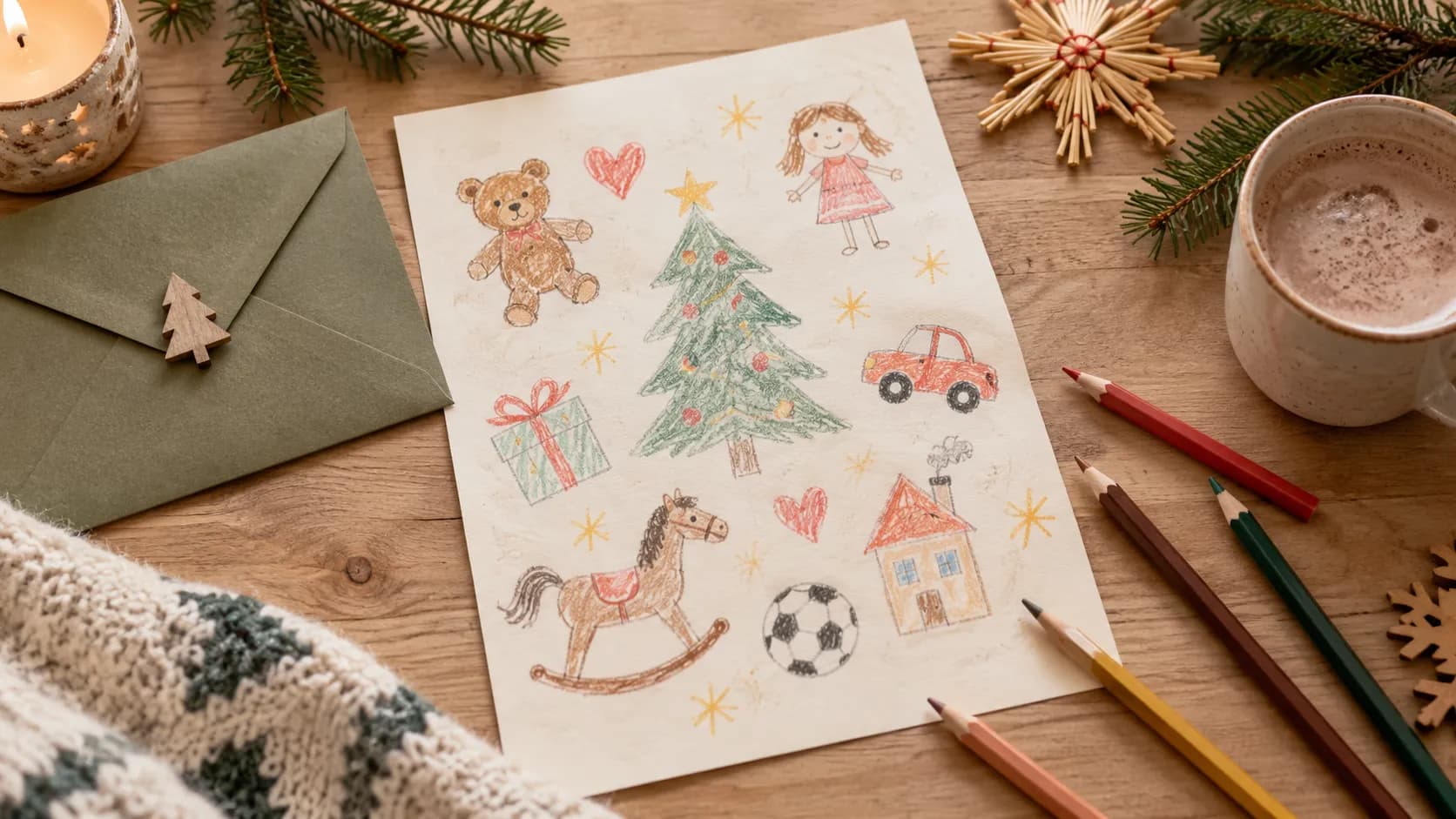 Mit Buntstiften gemalter Wunschzettel mit Teddy, Tannenbaum, Schaukelpferd und Auto, daneben ein grüner Umschlag, Buntstifte und Kakao