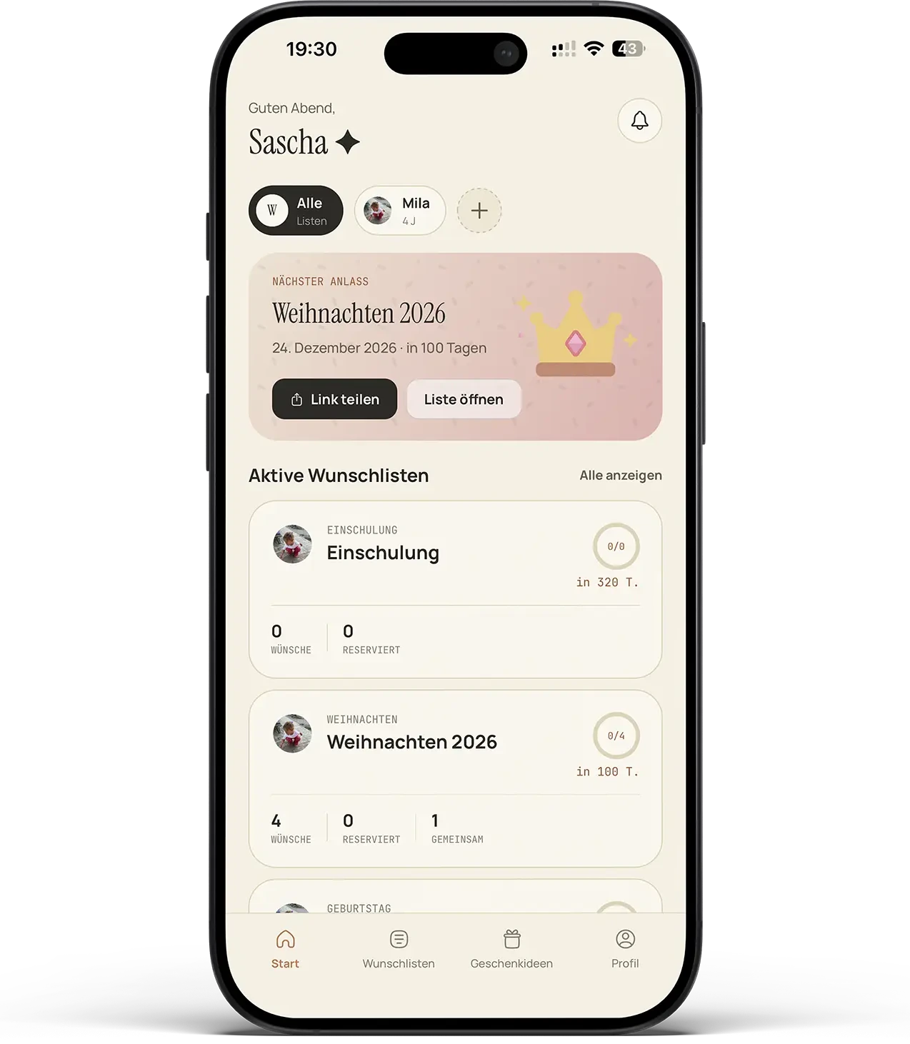 LittleWishes auf dem iPhone: der Startbildschirm mit dem nächsten Anlass und den aktiven Wunschlisten