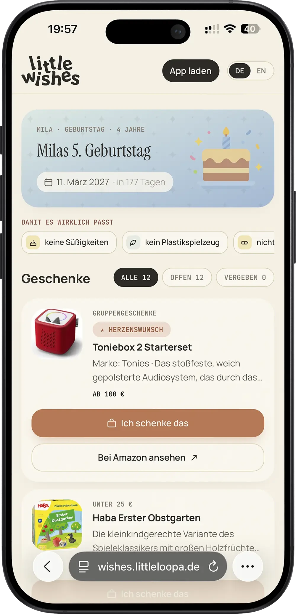 Die geteilte Wunschliste in Safari: Milas Geburtstag, darunter die Wünsche mit dem Knopf „Ich schenke das“